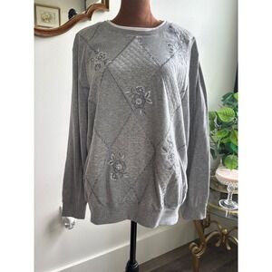 Alfred Dunner Embellished Sweatshirt Floral Accents Gray Pullover Size‎ L